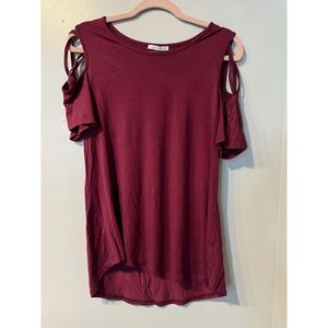 Adreamly Cold Shoulder Top Size XL Maroon Red Short Sleeve High Low Blouse